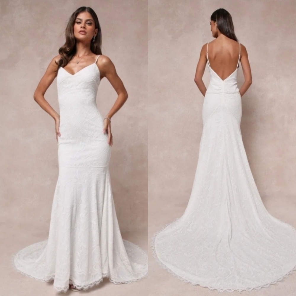 Lulu's Flawless Extravagance White Lace Trumpet Hem Maxi Dress Wedding Bride
